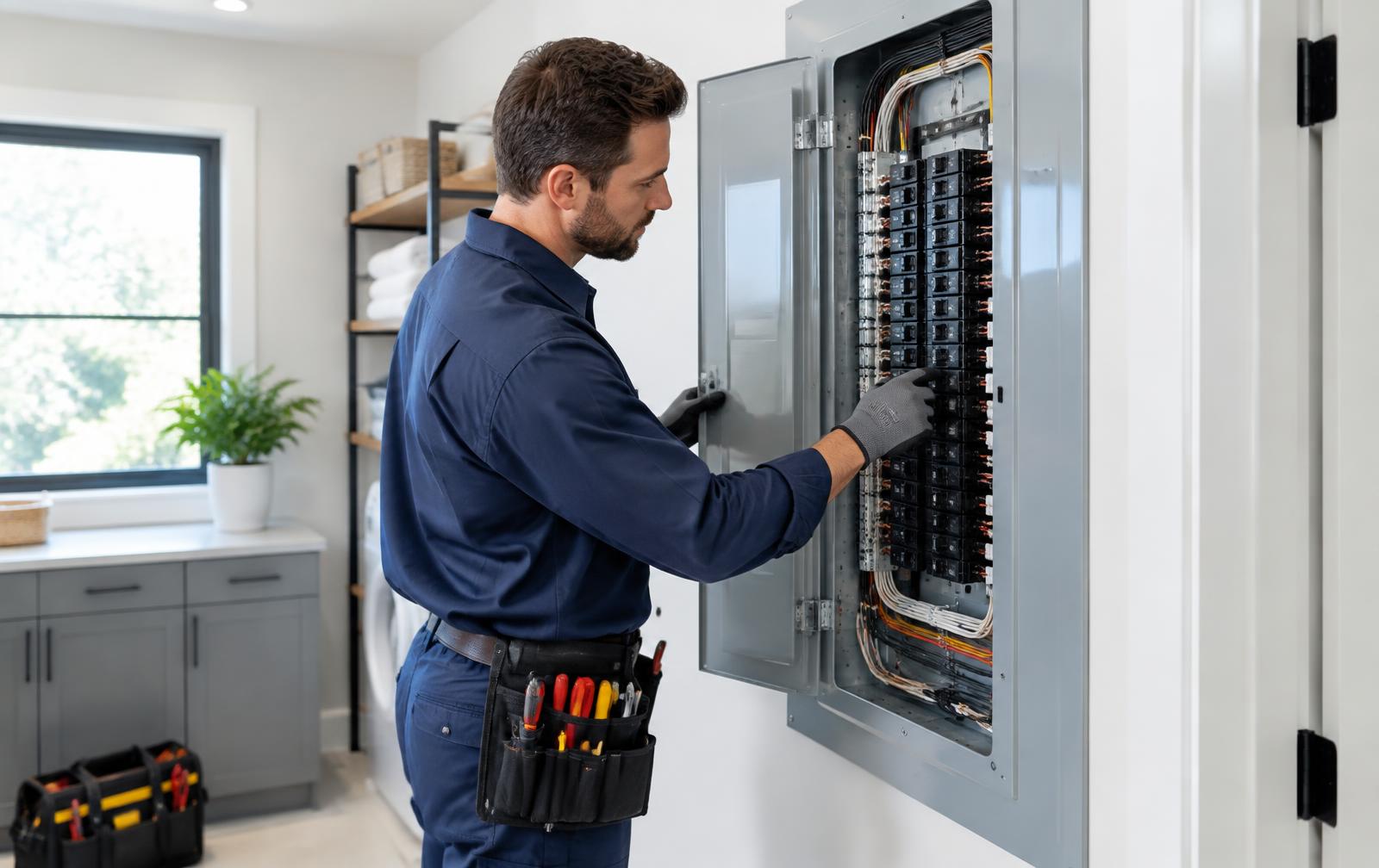 Professional electrician inspecting a modern electrical panel